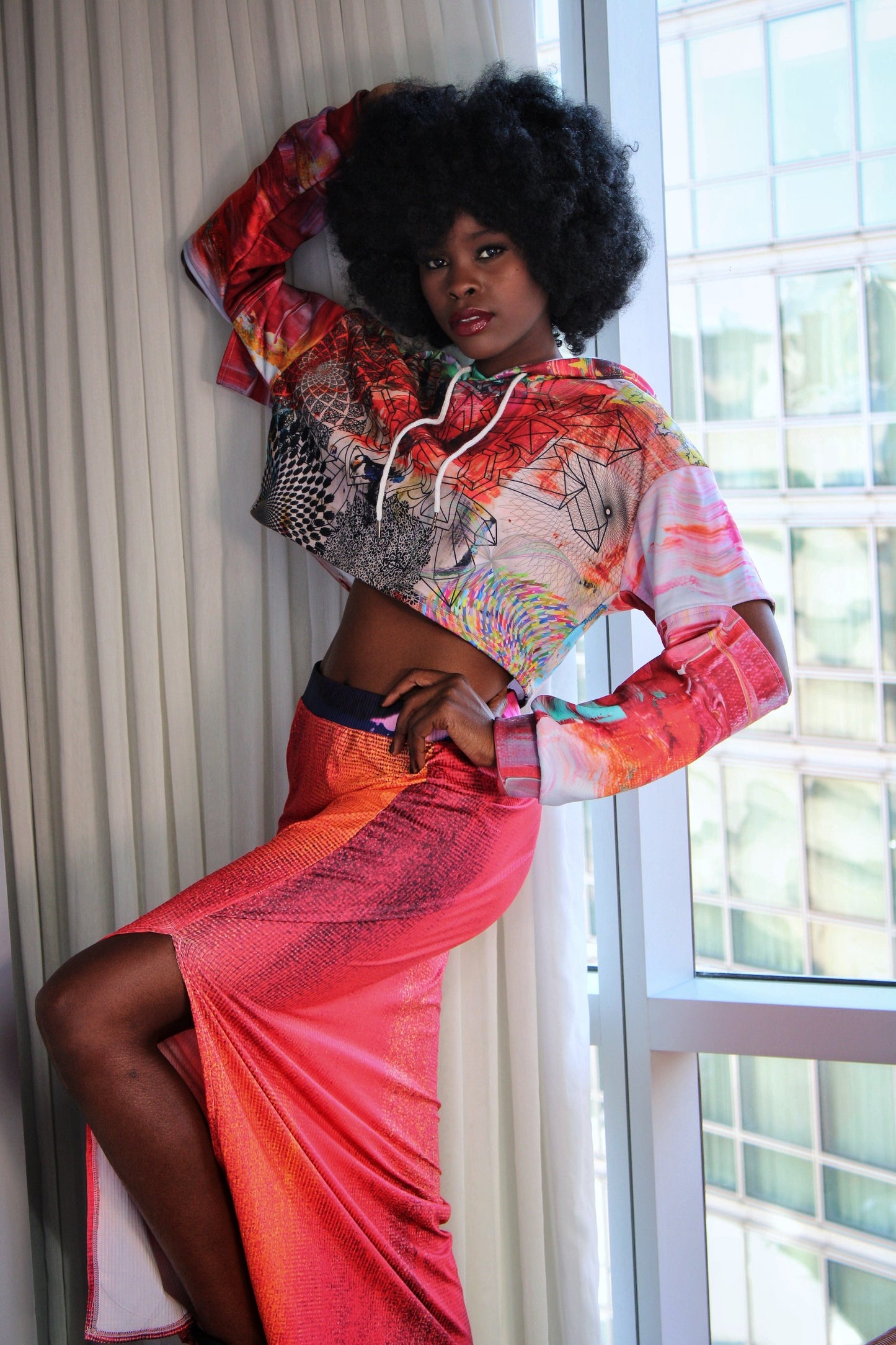 Orange Stained Graphic Cropped Hoodie
