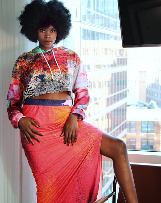 Orange Stained Graphic Cropped Hoodie