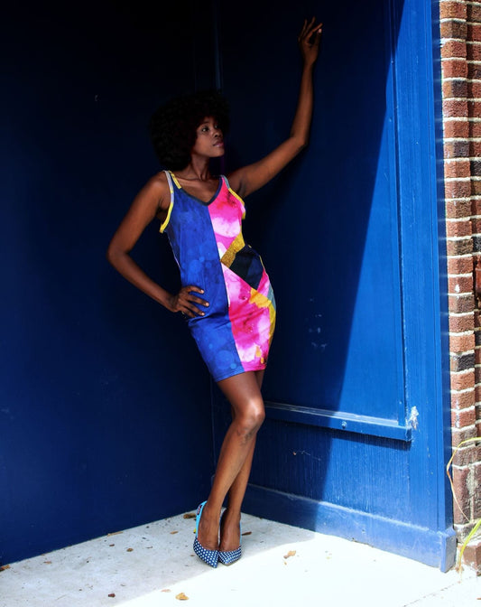 Color Block V Neck Midi Dress