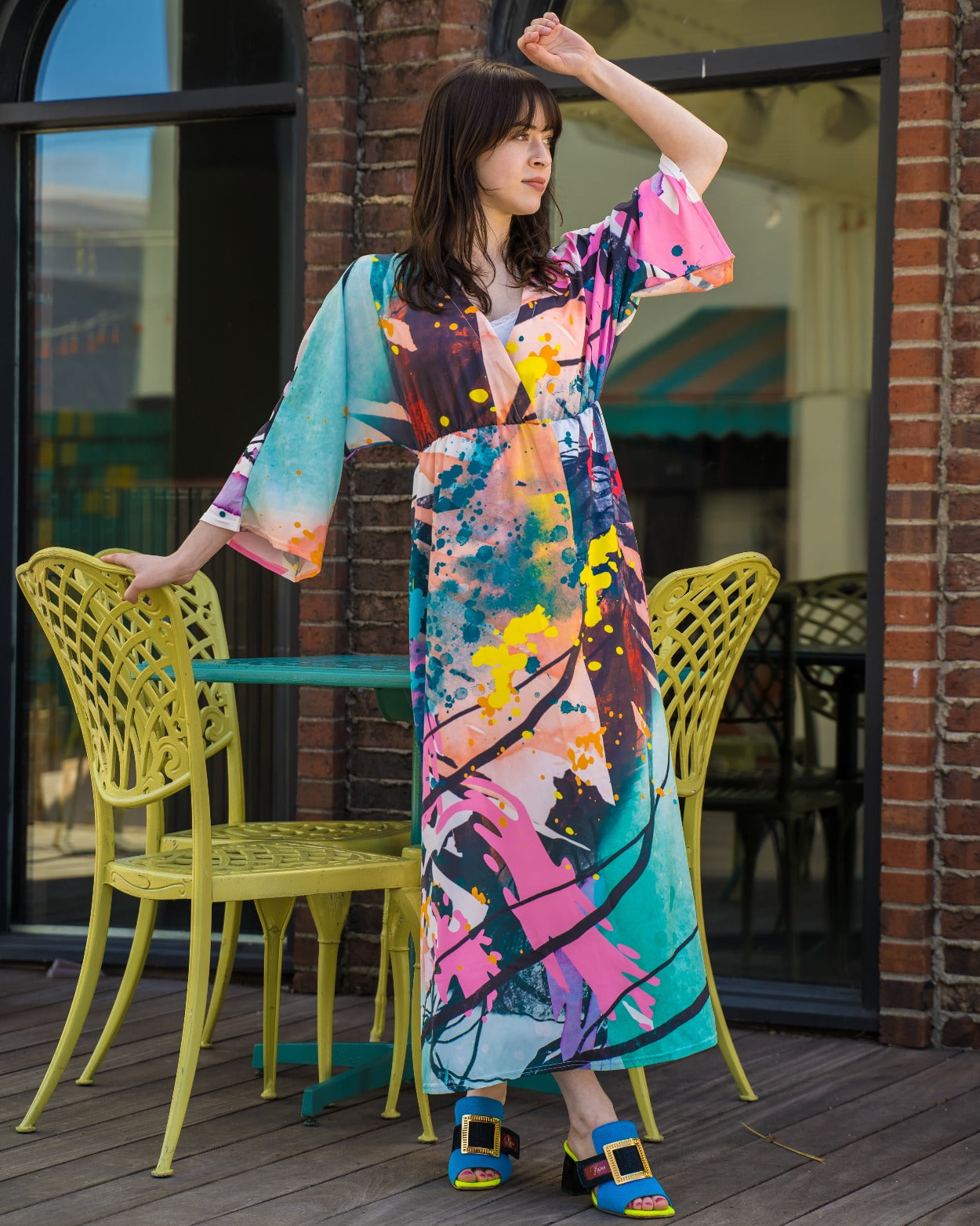 Soft Blue Graphic Print Mid-Sleeve Dress