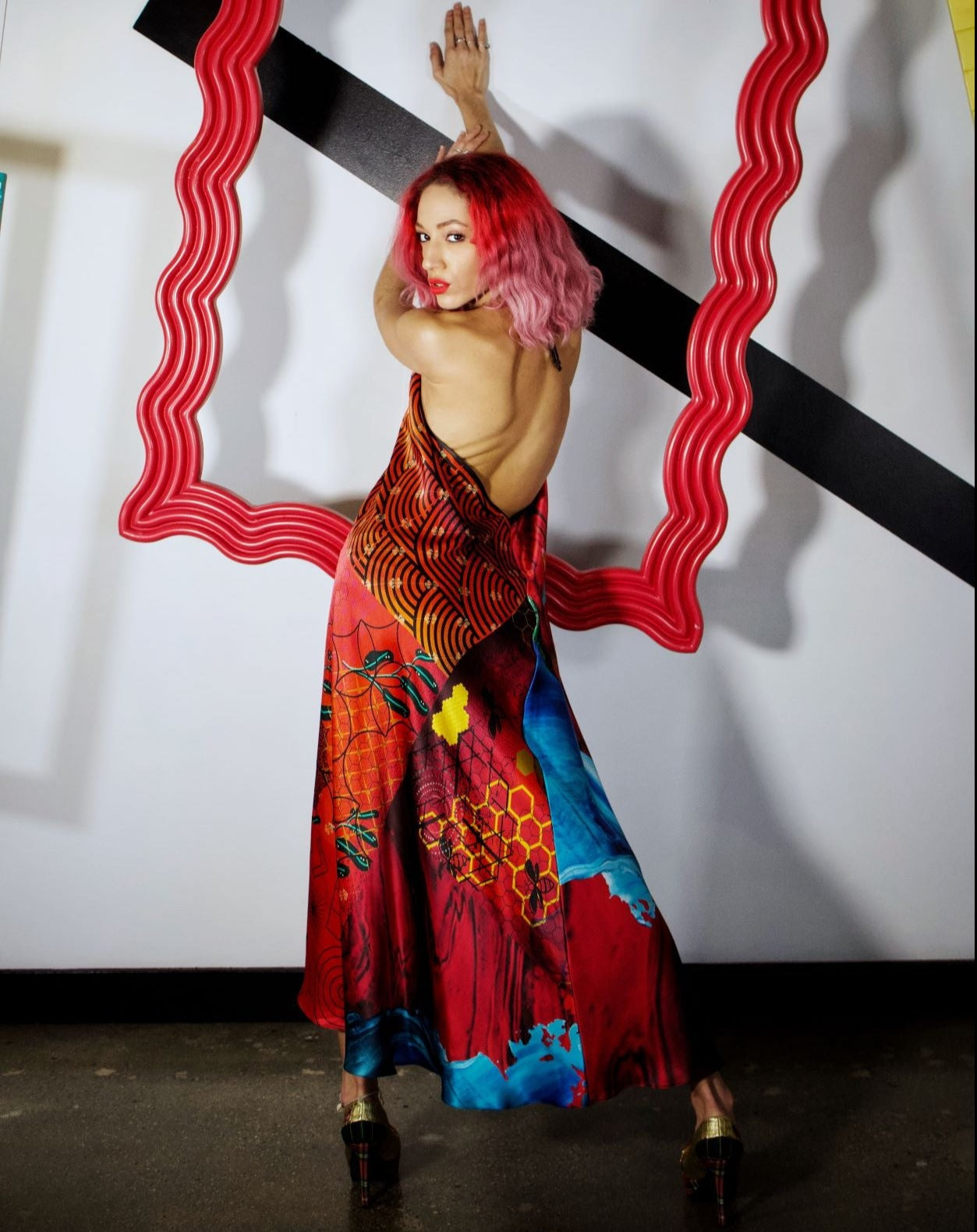 Red Graphic Halter Maxi Dress