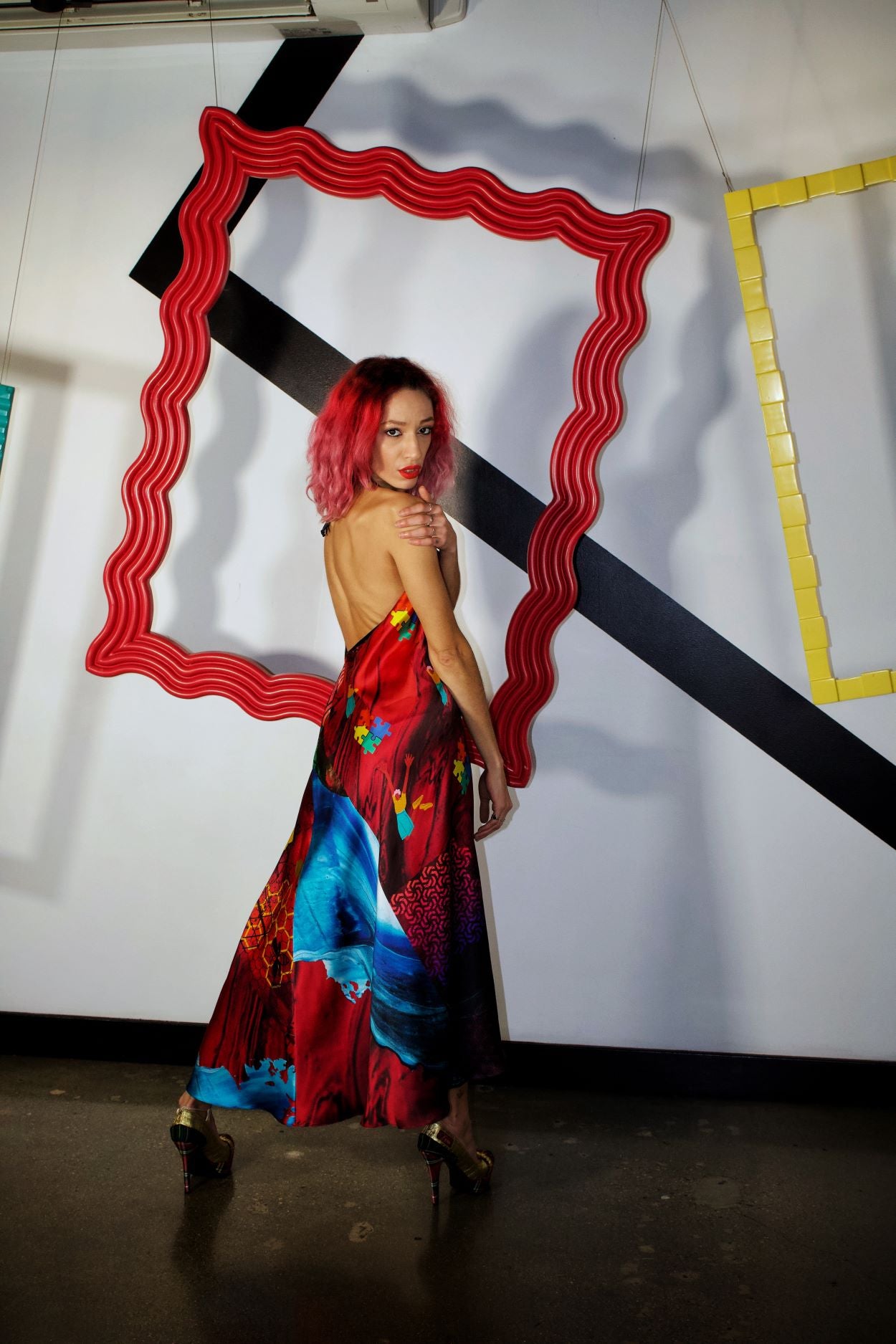 Red Graphic Halter Maxi Dress