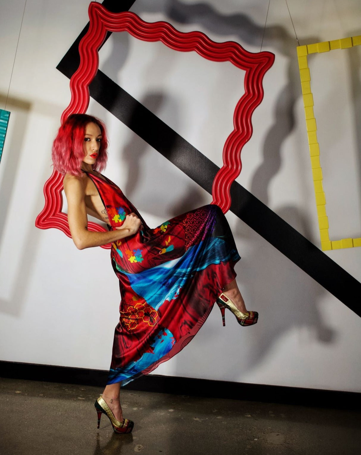 Red Graphic Halter Maxi Dress