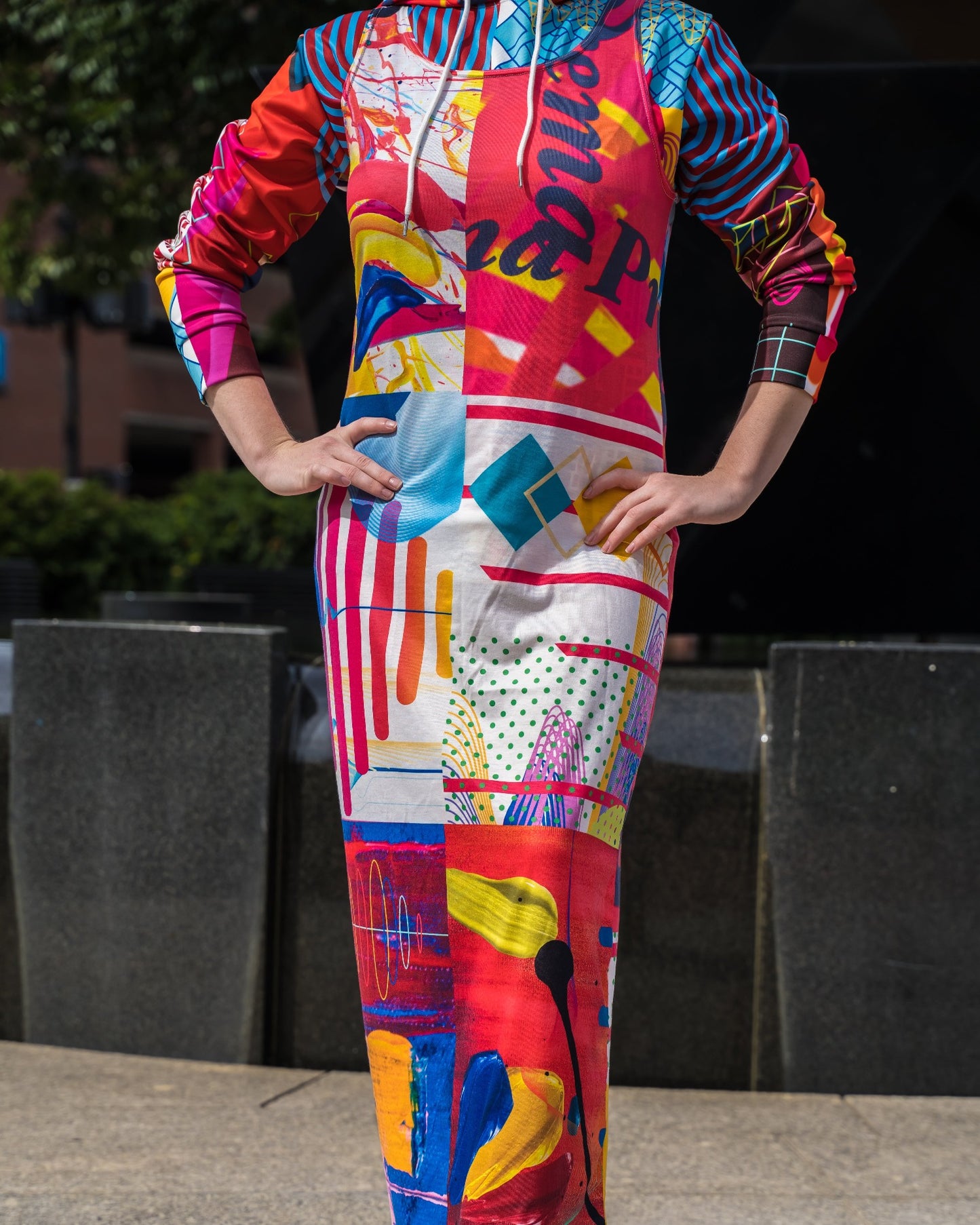 White and Multi Long Jersey Dress