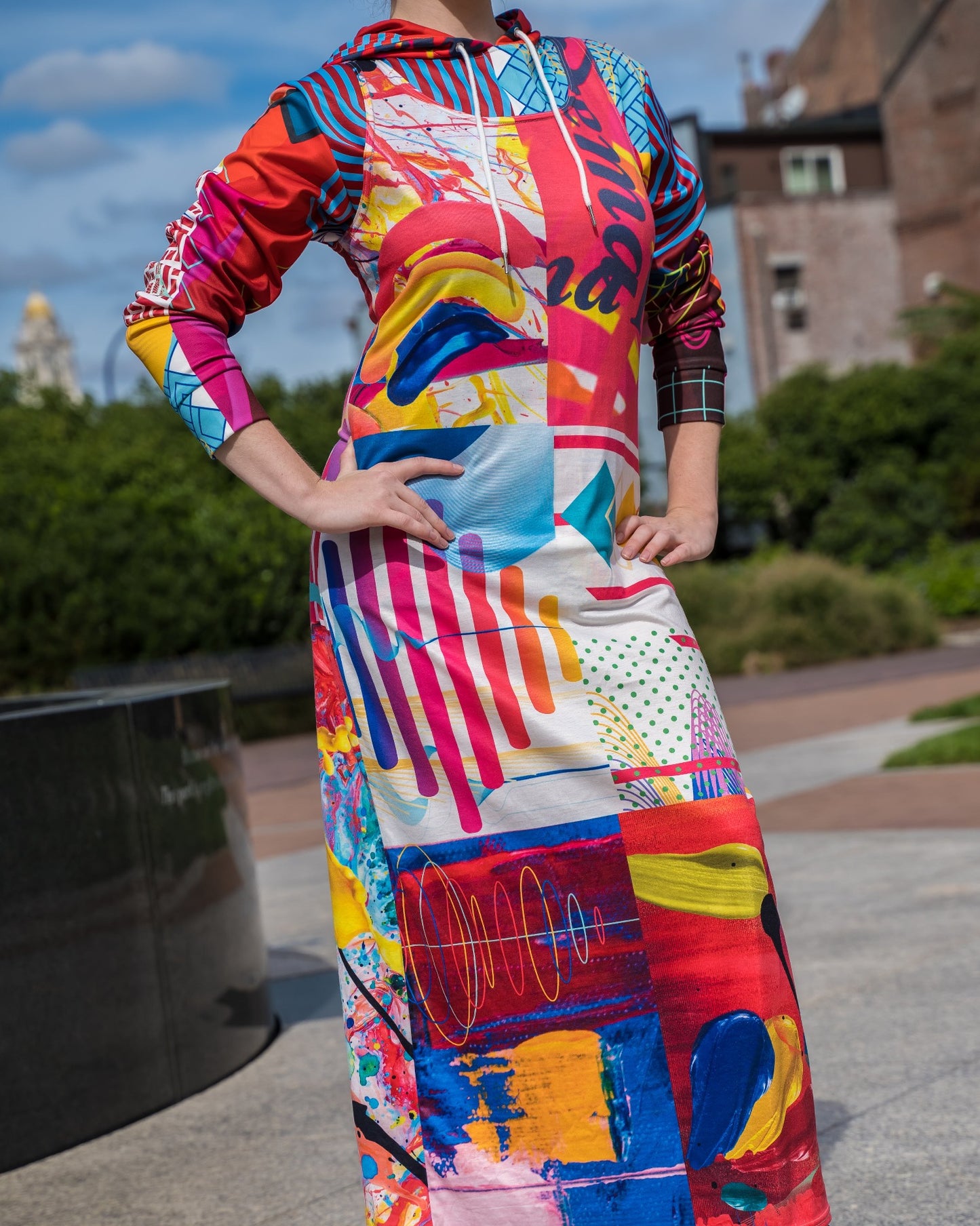 White and Multi Long Jersey Dress