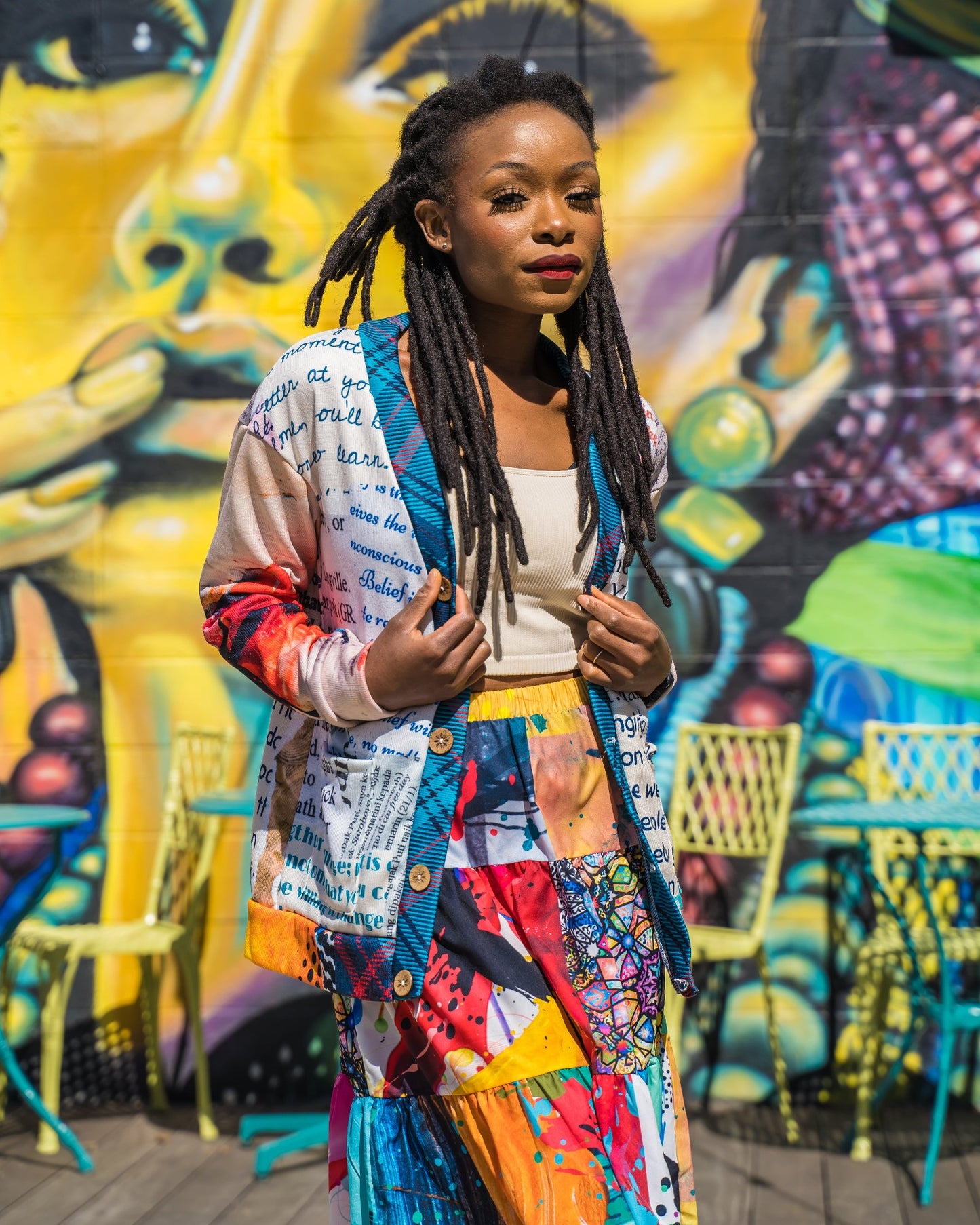 White and Black Graphic Sweater with Splash of Color