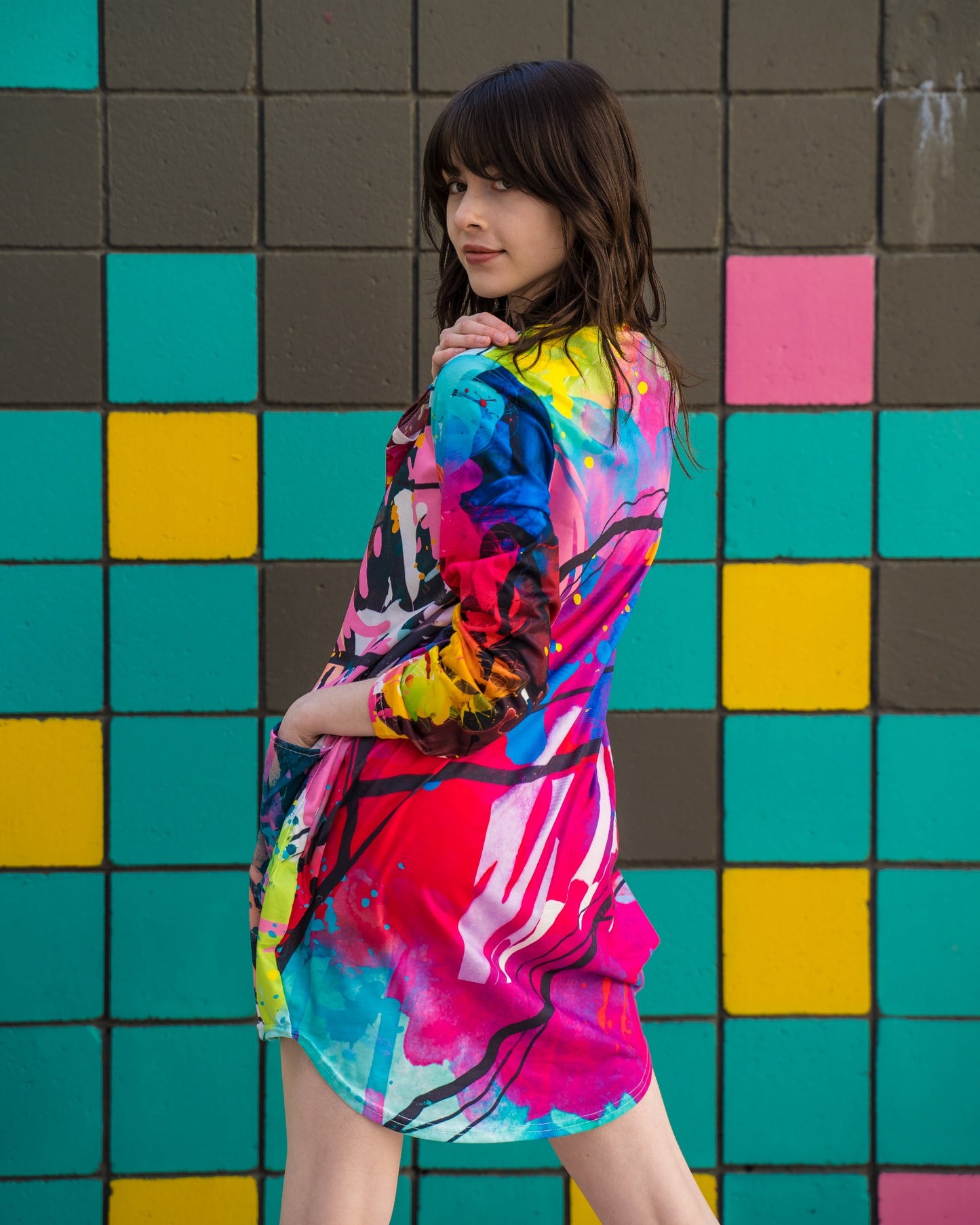 Soft Blue Graphic Oversized T-Shirt Dress