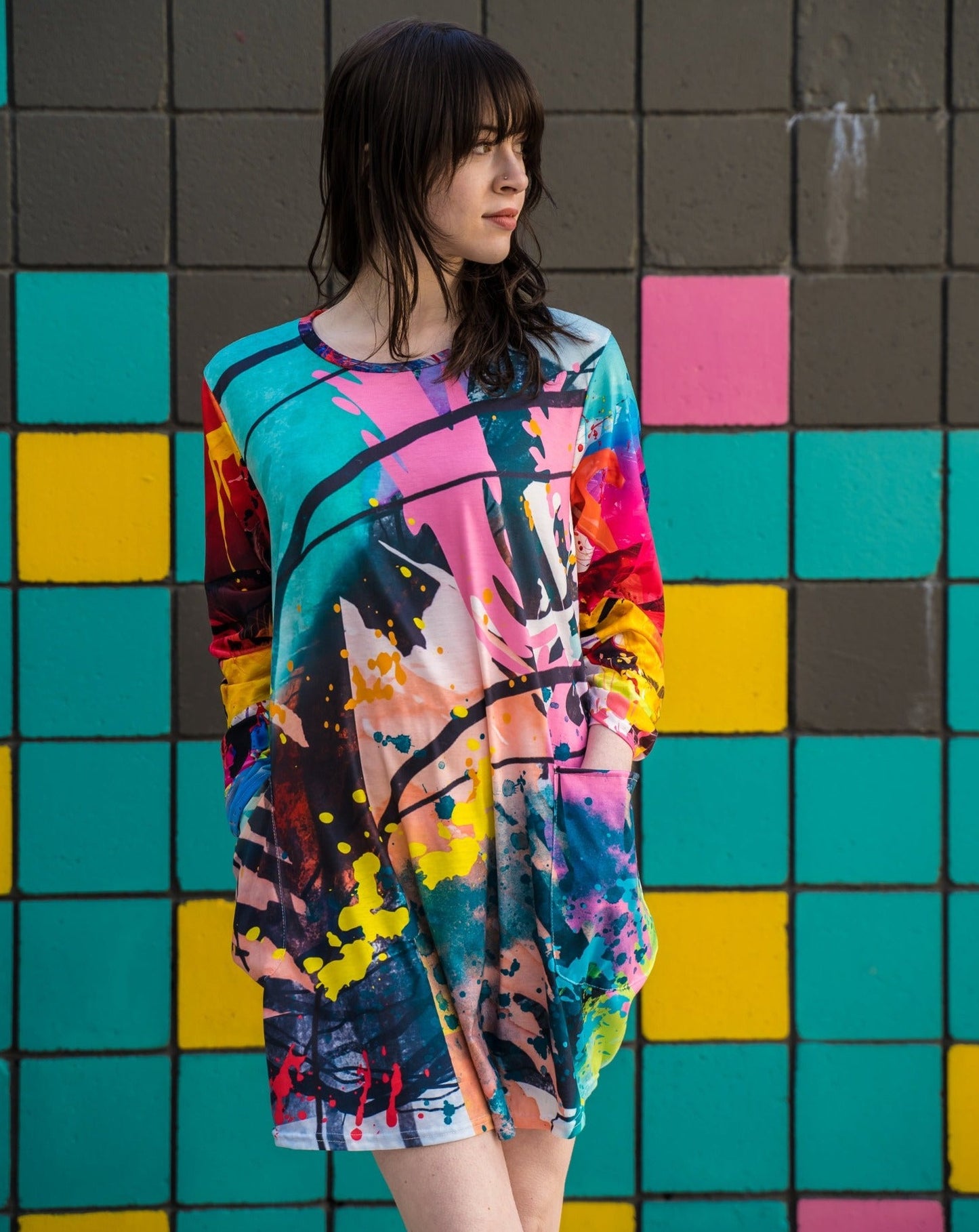 Soft Blue Graphic Oversized T-Shirt Dress